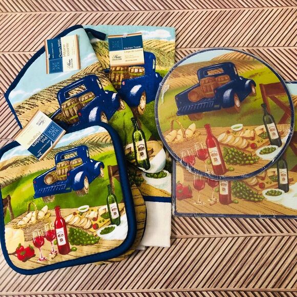Blue Truck & Wine Country Vineyard Themed Bundle Set Rustic French Country Decor - Picture 1 of 9